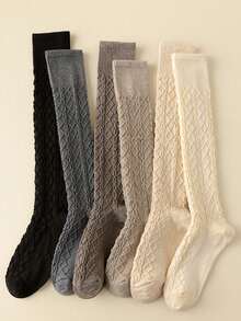 1双女士多色中筒袜，针织过膝长袜，复古压纹保暖JK款袜子，适合春秋冬季穿着 - 彩色 - 查看 7