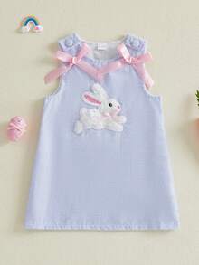 Kids Toddler Baby Girl Easter Dress Bunny Embroidery Sleeveless Striped Dress Cute Summer Clothes - 藍色 - 查看 6