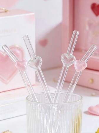 1/3PCS Valentine's Pink Glitter Heart Glass Straws ,Handcrafted Bent & Straight Straws For Boba Tea, Coffee & Cocktails. Creates Romantic Atmosphere For Dates And 520 Celebrations. Perfect Love-Themed Gift For Couples. Essential For Cafes And Romantic Trips.