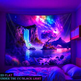 1pc Colorful Waterfall Starry Sky - Glow In The UV Light Tapestry, Large Scale Fluorescent Printed Tapestry, Suitable For Bedroom, Office, Living Room, Home Decoration, Installation Free