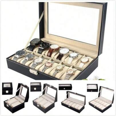 2/3/6/12 Slots Leather Watch Black Box Case Display Organizer Storage Tray For Men & Women , Makeup Room Decor
