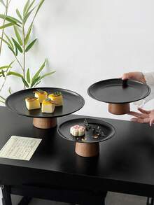 1pc Black High Leg Stainless Steel Plate, Snack Serving Tray, Elegant Stainless Steel Fruit Bowl. Dessert, Candy Dish, Suitable For Dessert And Tea Display, Party Food Arrangement And Modern Luxury Home Gathering Scenes