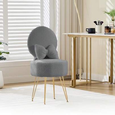 Techigher Vanity Chair With Foldable Backrest & Pillow, Sherpa Fabric Accent Chair, Comfy Dressing Table Chair With Stroage Space & Metal Legs, Cozy Desk Chairs For Makeup Room Bedroom Office, Grey