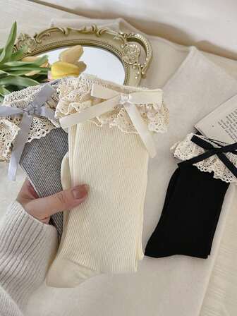 1 Pair Bow Lace Trim Socks, Cute Girl's Mid-Calf Socks, Versatile School/Casual Style, Spring/Autumn