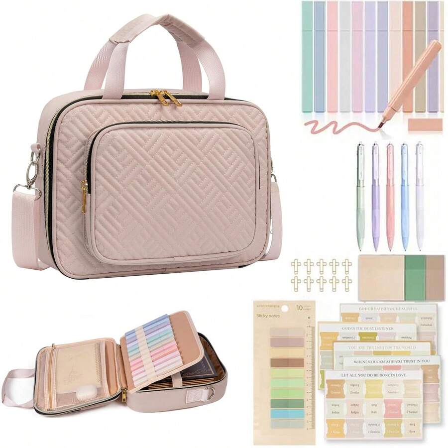 Bible Cover Case For Women Grils, Preppy Bible Bag With Adjustable Shoulder Strap, Waterproof Bible Carrying Tote Bags Holder For Bible Study Supplies Accessories & Christian Gifts - 粉色 - 查看 1