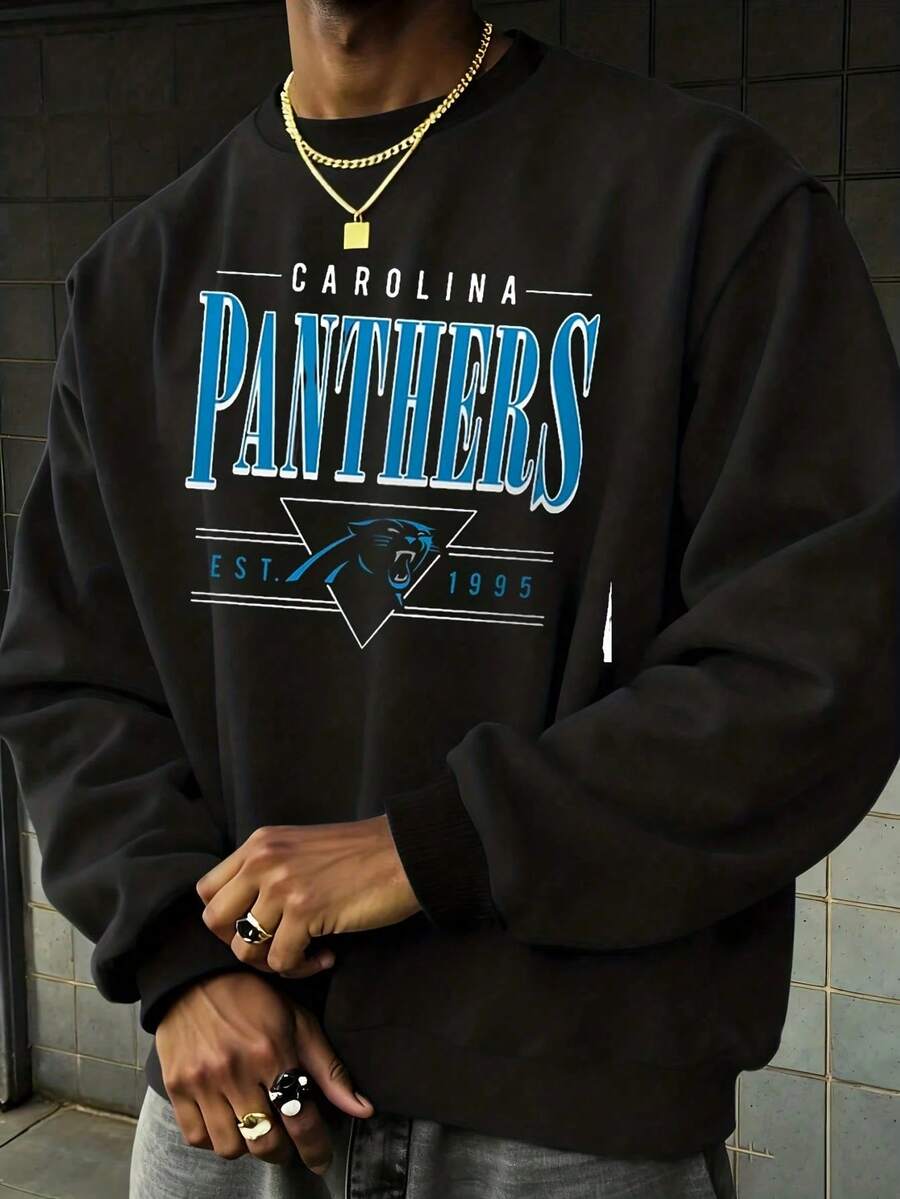 Men's Carolina Panthers Crew Neck Black Long Sleeve Pullover Sweatshirt - 黑色 - 查看 1
