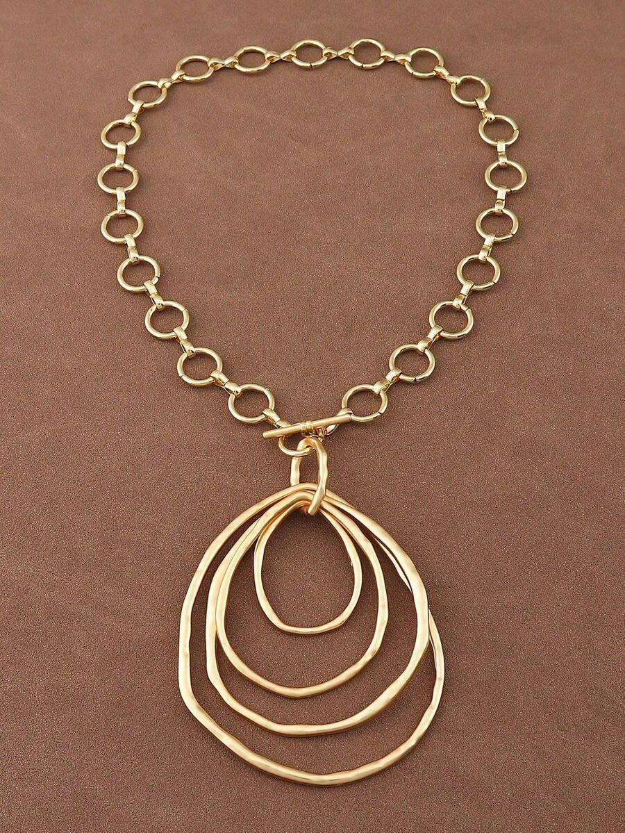 SUPBORA 1pc Fashion Matte Gold/Silver Color Asymmetrical Open Hollow Square Shape Pendant Chunky Chain Statement Necklace Suitable For Women's Daily Wear 18" - Open Oval - View 1