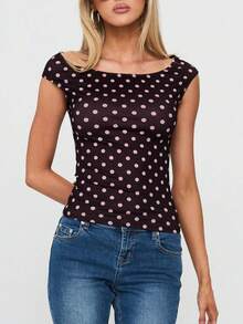 Women Y2k Polka Dot T Shirts Tops Short Sleeve Boat Neck Slim Fit Crop Top Summer Casual Tee Shirt Going Out Tops Blouse Party Club Daily Streetwear - màu nâu - Xem 6