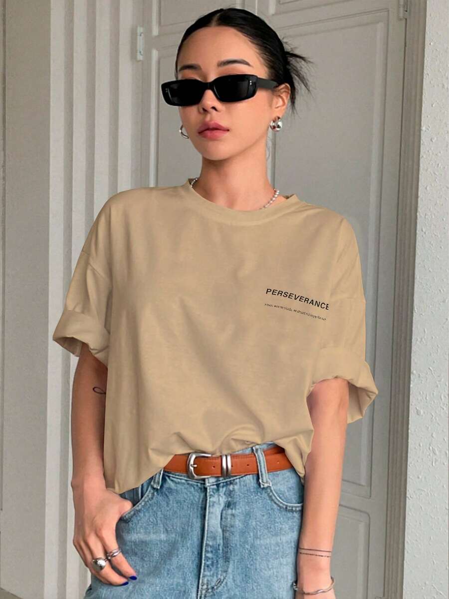 T-Shirt With "Perseverance" Print Lettering. Minimalist, Casual, Modern, Sophisticated, Simple, Basic, Summer, Oversized. - Straw - View 1