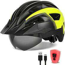 Adult Bicycle Helmet with Visor and Glasses for Mountain and Road Cycling, Rechargeable Rear Light - Negro Amarillo - Ver 5