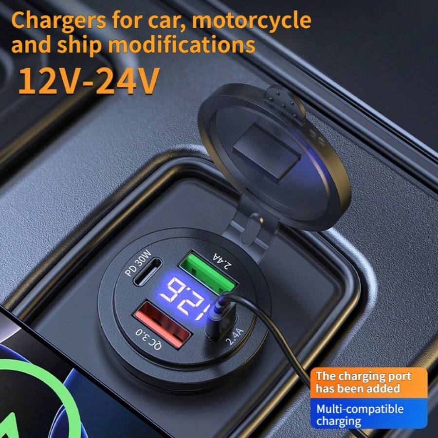 1pc Smart Digital Display Car Charger Quick Charger QC3.0 Dual USB Car Charger For 12V-24V, Fast Charging Technology, Type-C Fast Charging First Choice, Suitable For Car, Motorcycle, Truck, Small Boat - Black - View 1
