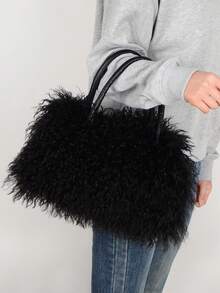 Women's Plush Handbag, Plush Large Capacity Shoulder Bag, New Fashion Faux Fur Bag With Zipper Closure, 11 Colors (White, Black, Caramel, Blue, Orange, Rose , Korean Pink, Khaki, Dark Gray, Violet) Fashion Matching,  Handbag, Soft Texture, Casual Wear - 黑色 - 查看 3