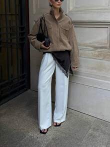 女士金属纽扣装饰工装夹克，带大口袋，适合秋冬季节穿着，采用麂皮绒面料制成 - 卡其色 - 查看 6