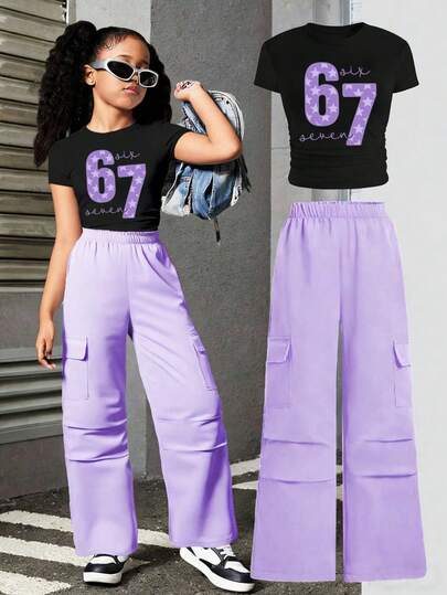 Tween Girl Casual Round Neck Letter Print Short Sleeve Top And Cargo Pants Set, Summer