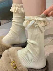 1双蝴蝶结蕾丝边短袜，可爱女童中筒袜，百搭校园/休闲风格，春秋季 - 彩色 - 查看 8