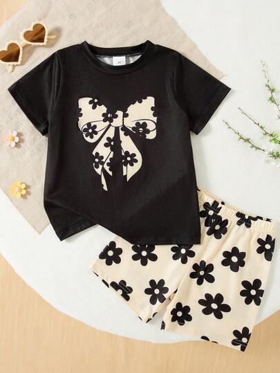 2pcs/Set Girls Casual Butterfly & Flower Print Short Sleeve Top T-Shirt And Shorts Set, Summer