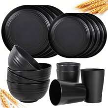[Unbreakable Dinnerware Set] 16pcs Unbreakable Wheat Straw Dinnerware Set | Service For 4, Large Size Modern Dish Set-Plate/Dessert Plate/Bowl/Cup, Dishwasher, Lightweight Tableware, Perfect For Camping, Everyday Use & Gifts For Men - 黑色 - 查看 11