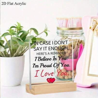 1pc 2D Acrylic "I Love You" Sign With Wooden Stand - 2D Design With Heart-Shaped Letters And Red Heart, Ideal For Birthday, Anniversary, Valentine's Day Decor, Romantic Gift Idea | Playful Text Design | Smooth Material