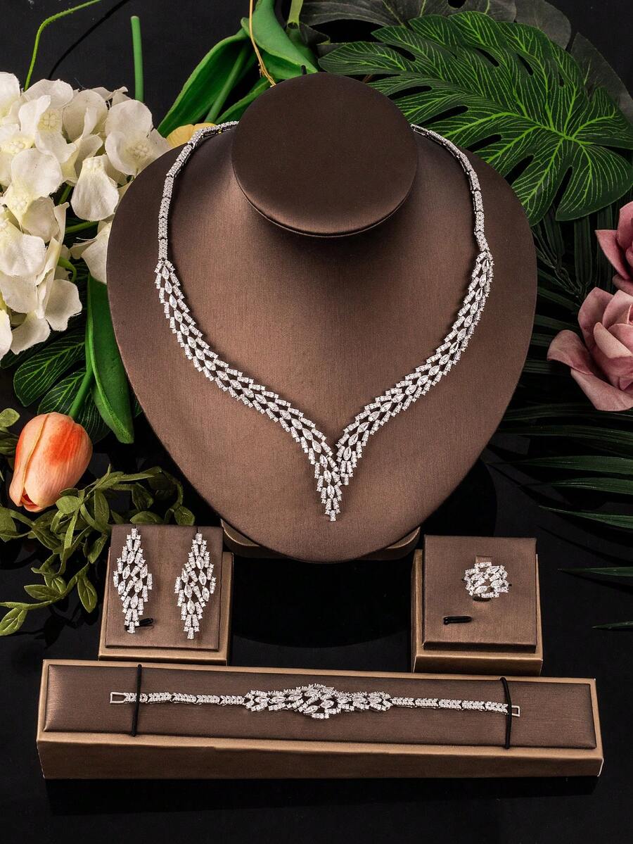 5件套Tylionnejewelry奢华白金镀层项链、手链、耳环、开口戒指首饰套装，适合优雅新娘婚礼佩戴 - 銀色 - 查看 1