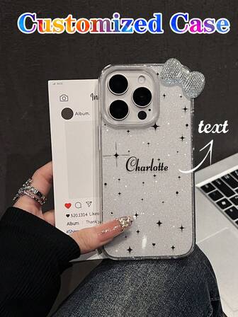 1 pieza Funda de teléfono personalizable con estrella y patrón de estrella, decoración con rhinestones, texto artístico personalizado, cubierta de teléfono a prueba de golpes con brillo y purpurina, compatible con iPhone 17 Air, 16, 11, 13 Pro Max, 15 Pro Max, 12, 14 Pro, blanco, azul