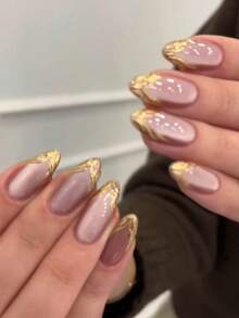 用这款24件套手工美甲套装升级你的造型！杏仁形3D凝胶美甲，金色法式尖头，中等贴合度，完美粘合，亚克力假指甲套装，包含：1片果冻凝胶和1把指甲锉。金色法式尖头美甲，金色指甲，适合女性日常工作、节日派对和其他场合。美甲用品 - 彩色 - 查看 9