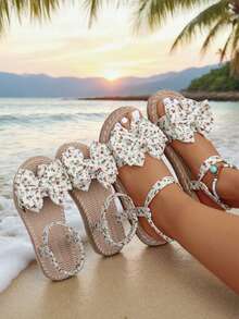 1 Pair Girls' Bow Decor, Floral Chiffon Elastic Band Design Sandals, Soft & Comfortable, Suitable For Mother-Daughter Matching, Lightweight Bohemian Style, Fit For 3-15 Years Old, Summer Party, Beach - Green - View 1