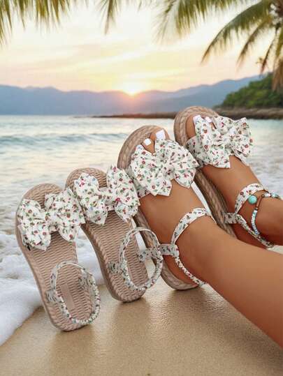 1 Pair Girls' Bow Decor, Floral Chiffon Elastic Band Design Sandals, Soft & Comfortable, Suitable For Mother-Daughter Matching, Lightweight Bohemian Style, Fit For 3-15 Years Old, Summer Party, Beach