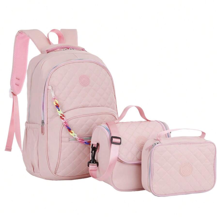 Multineos Comercial Set Of 3 Women's Backpacks With Thermal Bag And Pencil Case For School, Travel, Casual Style, Kpop Theme, Multipurpose, Large Capacity - Hồng - Xem 1