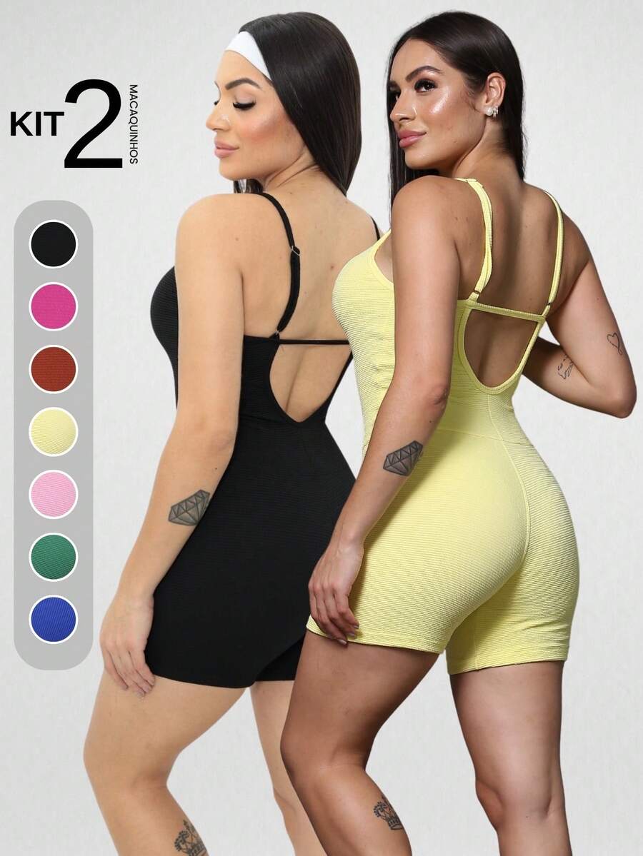 Set Of 2 Ribbed Jumpsuits With Straps For Women's Gym And Sportswear - Fitness - Kuning - View 1