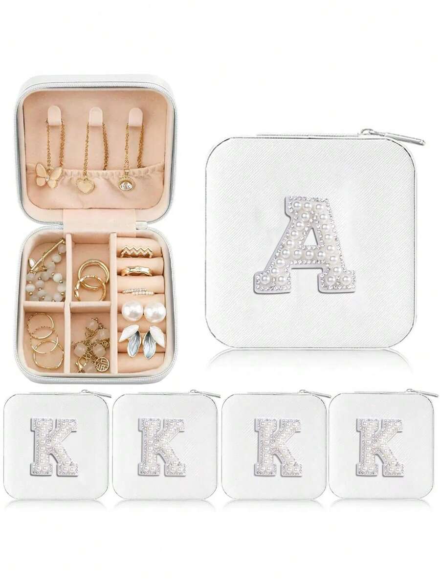 1 cutie de bijuterii cu perle albe, cutie de bijuterii de călătorie, cutie de bijuterii, cutie de machiaj, cutie de depozitare, cadou personalizat - cutie de bijuterii de călătorie roz, cadou de ziua de naștere pentru femei, cadou de Crăciun pentru adolescente, cutie de bijuterii de călătorie cu litere AZ