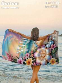 1pc Personalized Beach Towel - Made Of Polyester Fiber, Ocean & Shell Design, Super Absorbent & Quick Drying, Perfect For Beach, Swimming, Camping & Travel, Beach Essential | Beach Theme | Polyester Towel, Beach Accessories, Suitable For Wedding, Couples, Easter, Christmas, And As A Gift For Friends, Family, Couples' Wonderful New Year And Birthday - Multicolor - View 3