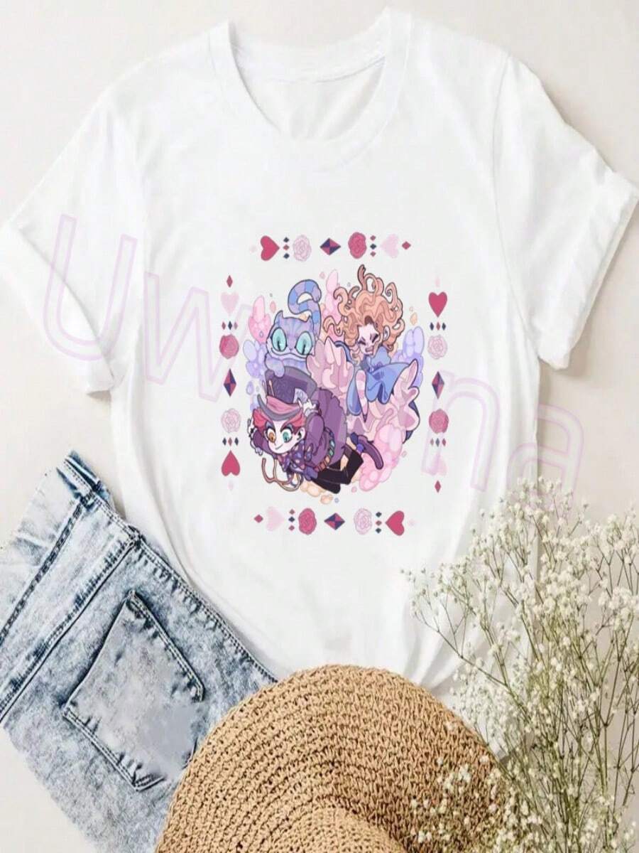 Alice In Wonderland Graphic T-Shirt Funny Women's T-Shirt Kawaii Cartoon Short Sleeve T-Shirt Vintage Women's Clothing Streetwear - 白色 - 查看 1