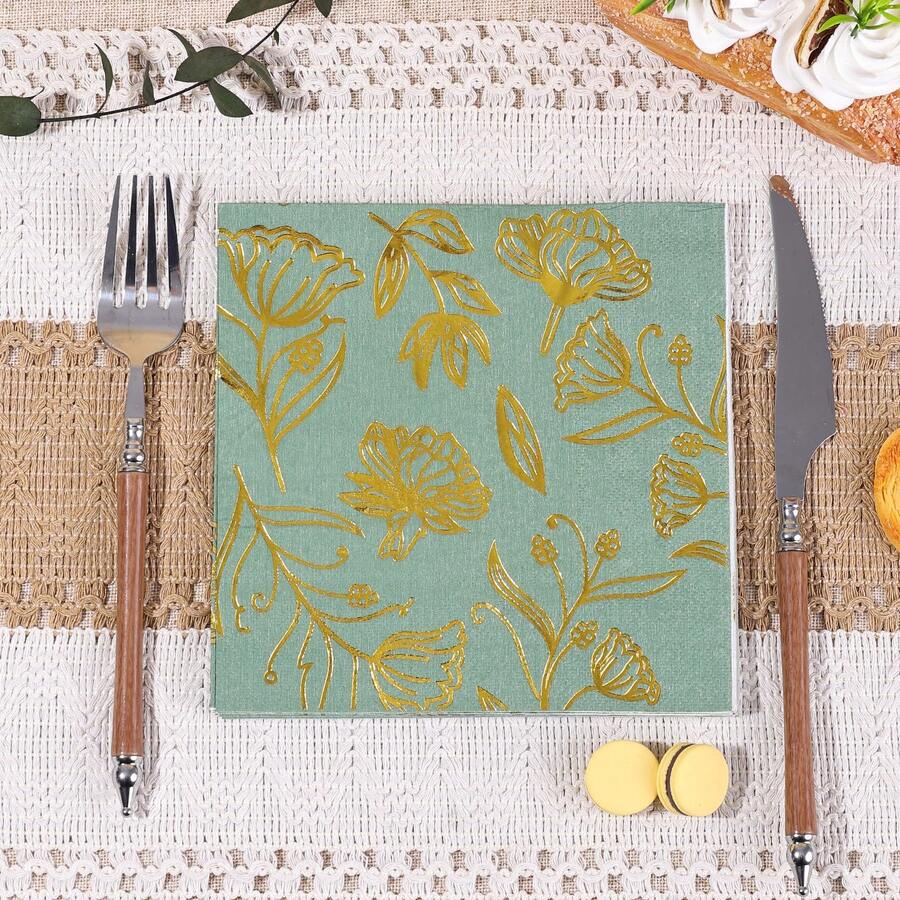 20/40/60/100张装，优雅鼠尾草绿配金色复古花卉餐巾纸（6.5英寸）- 金箔叶子图案 | 双层一次性奢华纸巾，适用于订婚派对、迎婴派对、下午茶、婚礼鸡尾酒会、奢华餐桌装饰 - 綠色 - 查看 1