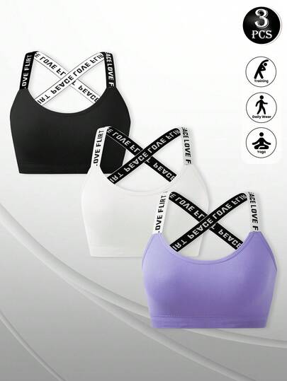 3 piezas Sujetador deportivo con tiras con letras para mujeres, adecuado para yoga, correr, entrenamiento