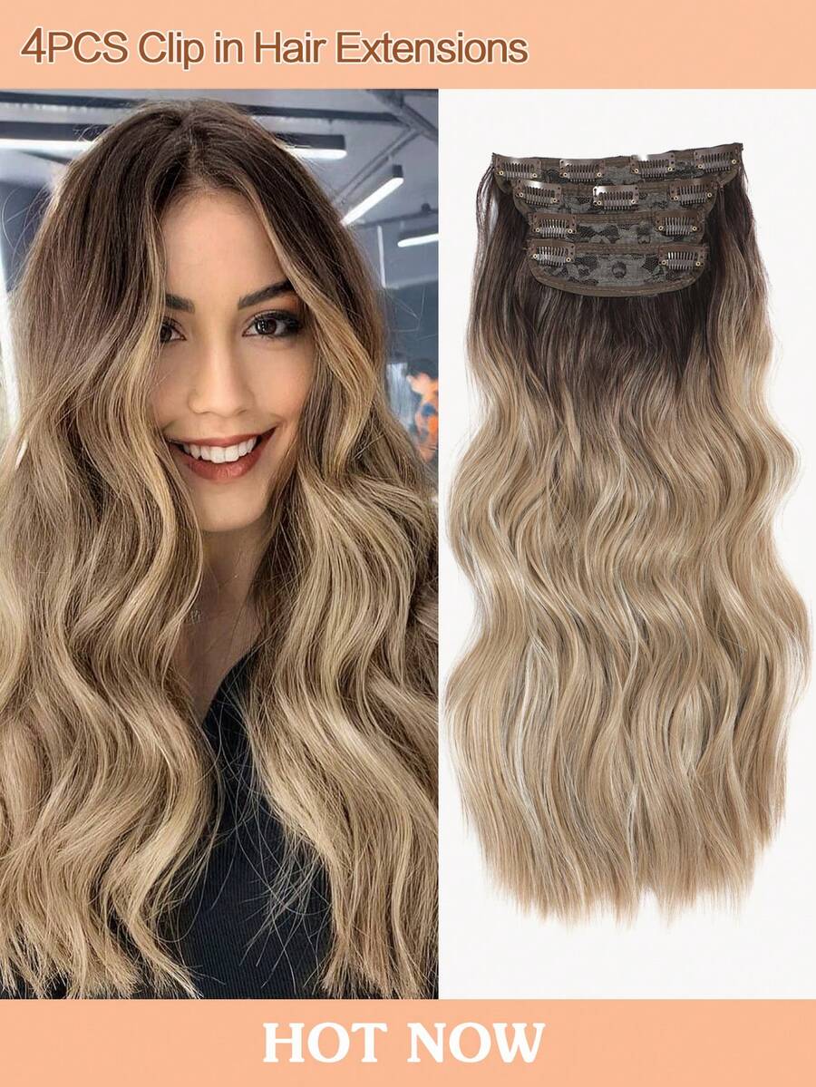 4PCS Clip In Hair Extensions 20inch Wavy Hair Extensions Clip Ins Ombre Dark Blonde Hair Extensions Full Head Synthetic Hair Pieces For Women Natural Luster