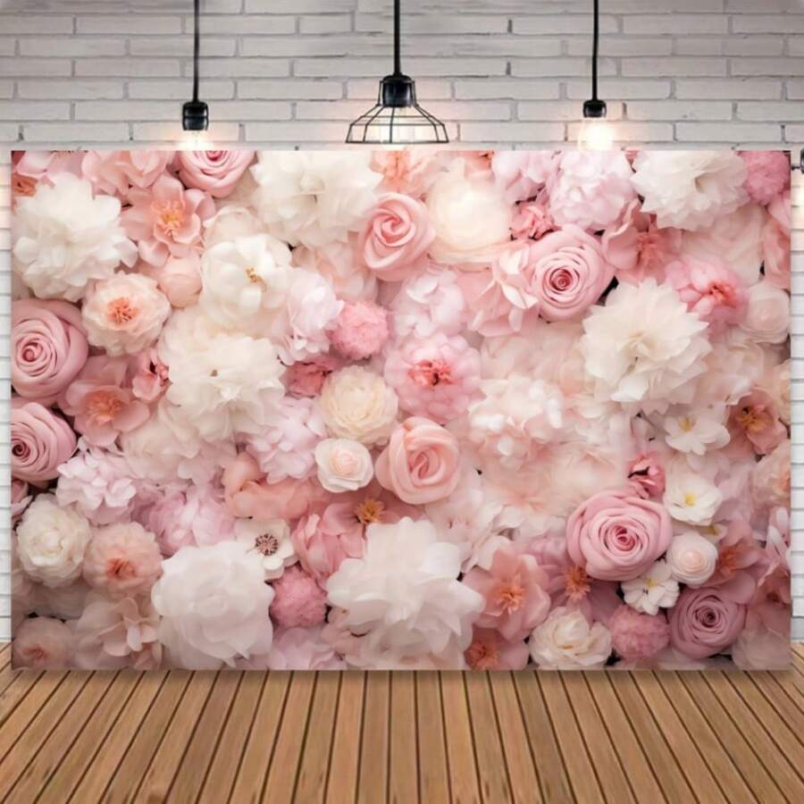 1件套花卉墙面背景，春季粉白玫瑰人像横幅摄影背景，婚礼花墙新娘送礼会派对装饰摄影工作室道具横幅 - 彩色 - 查看 1