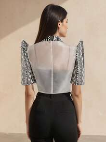 Amyenjoylife Modern Filipiniana Top,Butterfly Sleeves Filipiniana,1 Piece Of Women's Embroidery Spliced Bubble Sleeve Top - Black and White - View 2