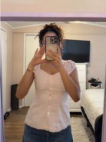 Women Button Down Lace Top V Neck Ruffle Low Cut Cap Sleeved Babydoll Cute Shirt Slim Fit Coquette Blouse - Hồng - Xem 8