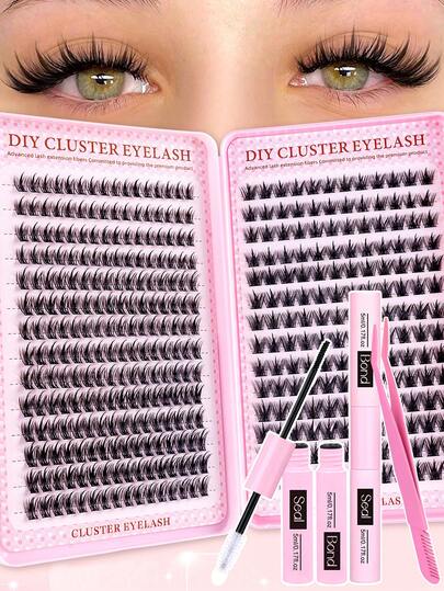 MEM 640/392/336/308片装睫毛嫁接套装，DIY睫毛嫁接套装，单根睫毛簇，D型卷翘睫毛嫁接套装，包含胶水、封层剂和睫毛嫁接工具，适合日常使用、旅行、初学者、婚礼、约会、派对、节日，也适合作为圣诞节/万圣节礼物。