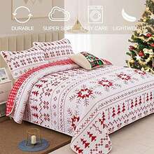 Cama individual - Juego de edredón de Navidad con copo de nieve y árbol, funda de almohada reversible para todas las estaciones - Rojo - Ver 4
