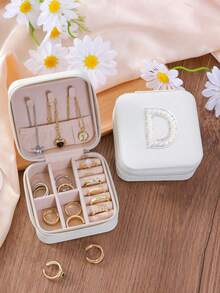 1 cutie de bijuterii cu perle albe, cutie de bijuterii de călătorie, cutie de bijuterii, cutie de machiaj, cutie de depozitare, cadou personalizat - cutie de bijuterii de călătorie roz, cadou de ziua de naștere pentru femei, cadou de Crăciun pentru adolescente, cutie de bijuterii de călătorie cu litere AZ