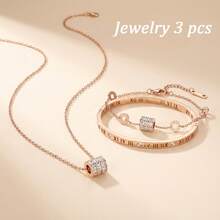 Rose Gold Roman Numeral Jewelry Set 3pcs - Cubic Zirconia Barrel Pendant Necklace & Bangle Bracelet Set For Women, Minimalist Luxury Party Gift - Roman Numerals - View 2