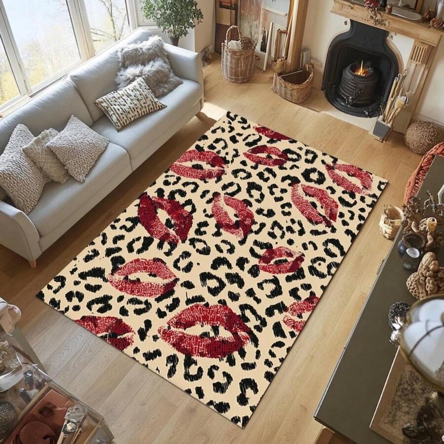 1pc Leopard Print Rug, Red Lips Rug, Pop Art Rug, Bold Statement Area Rug, Funky Living Room Decor, Animal Print Rug, Glamorous Home Rug, 84*60inch,Perfect Choice For Christmas ,Stylish And High-Quality Rugs, Perfect For Christmas Decorations And GiftsHome Decor, The Best Choice For Gothic-Style Birthday Gifts - Multicolor - View 1