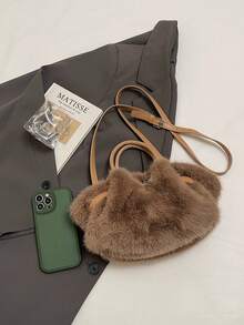 Elegant Women's Handbag, Plush Crossbody Bag, Magnetic Closure Bicolor Casual Dumpling Bag, Ring Design Street Tote, Romantic Pleated Cloud Bag, Suitable For Shopping, Dating, Travel, Party, Photography, Gift For Girlfriend, Best Friend, Etc. - Brown - View 6