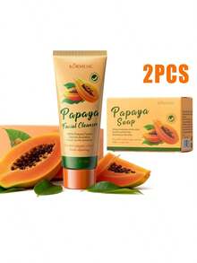 木瓜面部护理保湿三件套 - 木瓜保湿霜、木瓜洁面乳、木瓜沐浴皂，多效合一护肤组合 - 黃色 - 查看 12