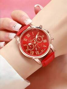 14pcs Women's Watch PU Leather Fashion Simple Three Eye Roman Scale Dial Quartz Watch Set Wristwatch Party Wedding Gift Beach Vacation Valentine Gift