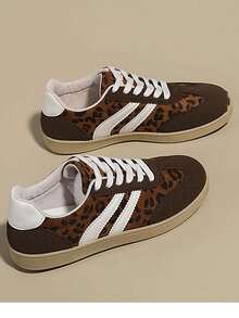 1 Pair Girls' Soft Sole Non-Slip Casual Fashion Lace-Up Sneakers, Leopard Print Breathable Comfortable Versatile Skate Shoes, Suitable For All Seasons - Brown - View 5