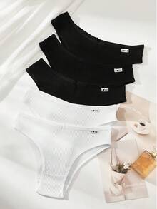 5pcs Pack Women's Ribbed Panties, High Elasticity Solid Color Letter Design Low Waist Underwear - Black and White - View 15