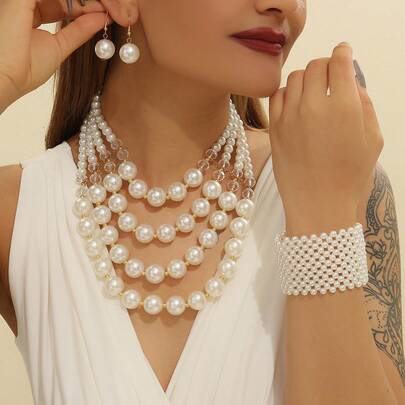 Exaggerated Multi-Layer Dandelion Handmade Beaded Faux Pearl Necklace, Bracelet And Earrings 3-Piece Set, Vintage Boho Style