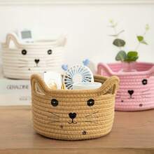 1pc White/Green/Yellow/Brown/Blue/Pink Cat Face Woven Storage Basket (21cm/8.27in*12cm/4.72in) - Adorable Cat Ear Shaped Desktop Organizer Basket, Suitable For Storing Small Accessories/Stationery/Cosmetics, Ideal For Bedroom/Dorm/Office Desk, Decorative And Space-Saving. - Multicolor - View 3